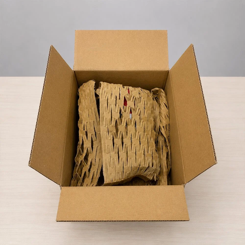 膨切後網狀紙材實際用於紙箱內商品包覆與緩衝