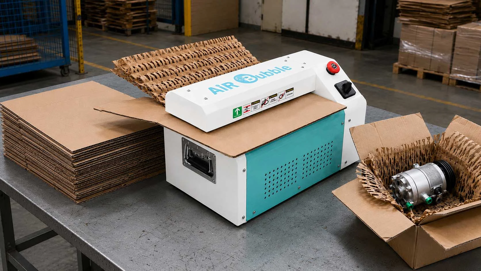 紙箱膨切機將瓦楞紙箱加工成網狀緩衝紙材，並應用於商品包裝