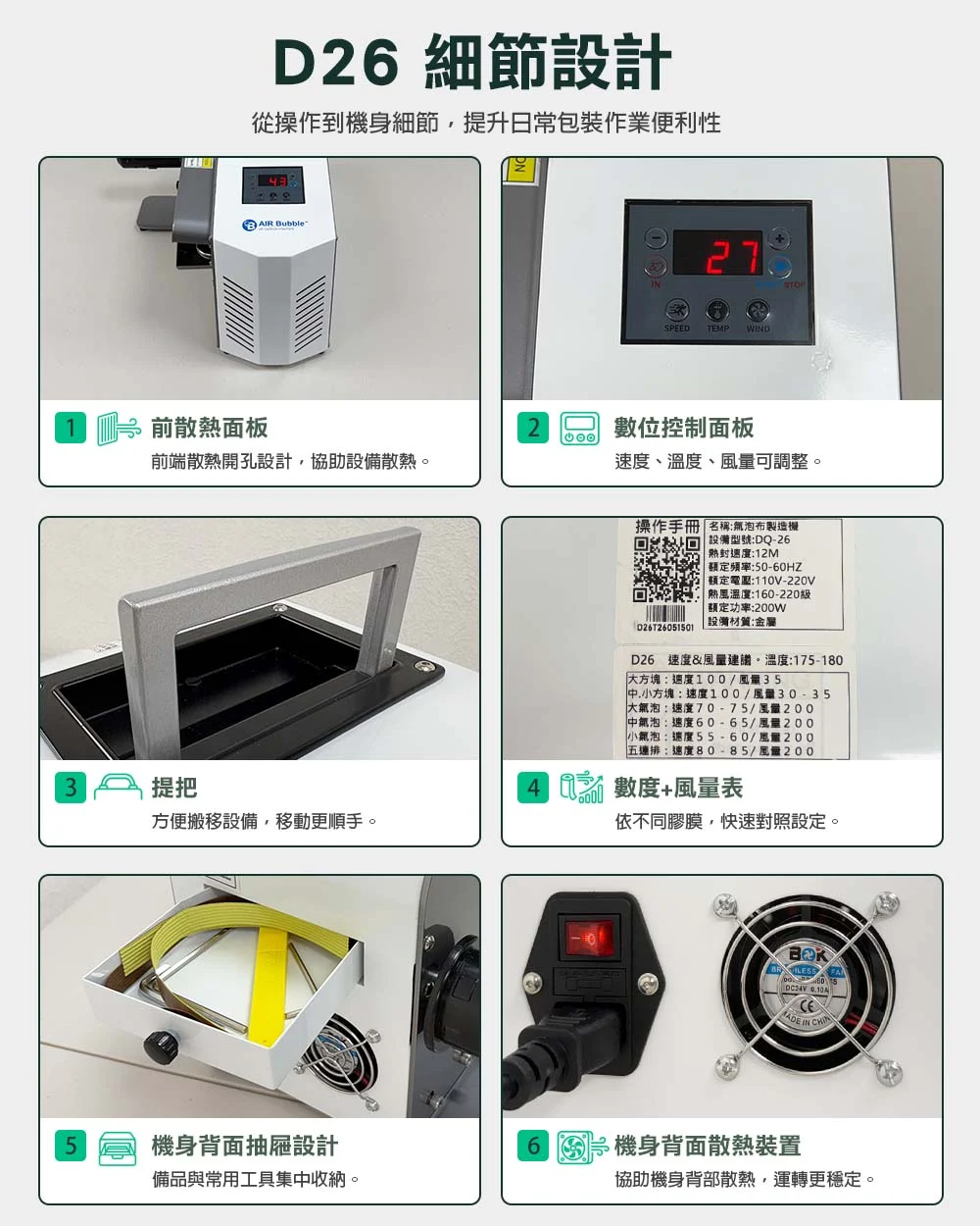 D26 氣泡布製造機散熱面板、數位控制、提把、抽屜與散熱設計