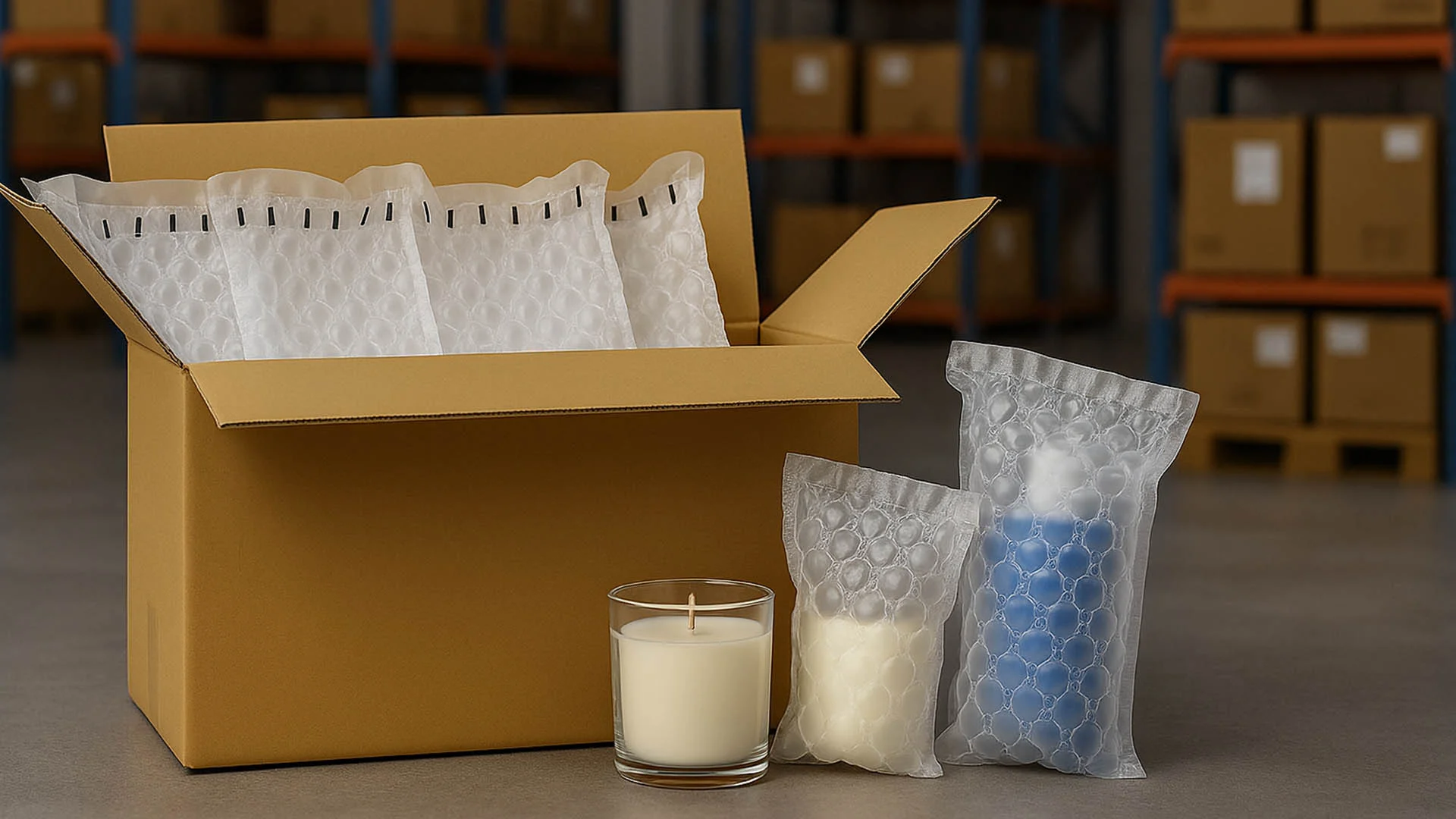 保養品與香氛商品使用氣泡袋包裝的示意圖,展示瓶罐與蠟燭在出貨時的防護方式。