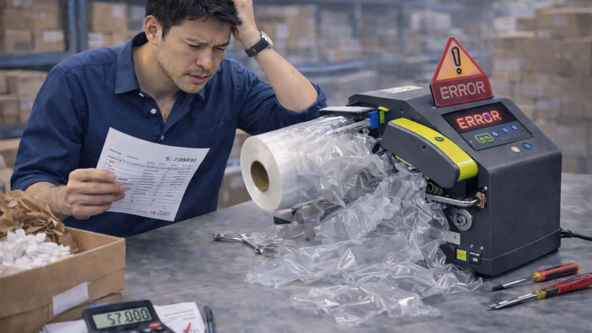 氣墊機故障停擺,包裝人員改用傳統包材手忙腳亂作業現場