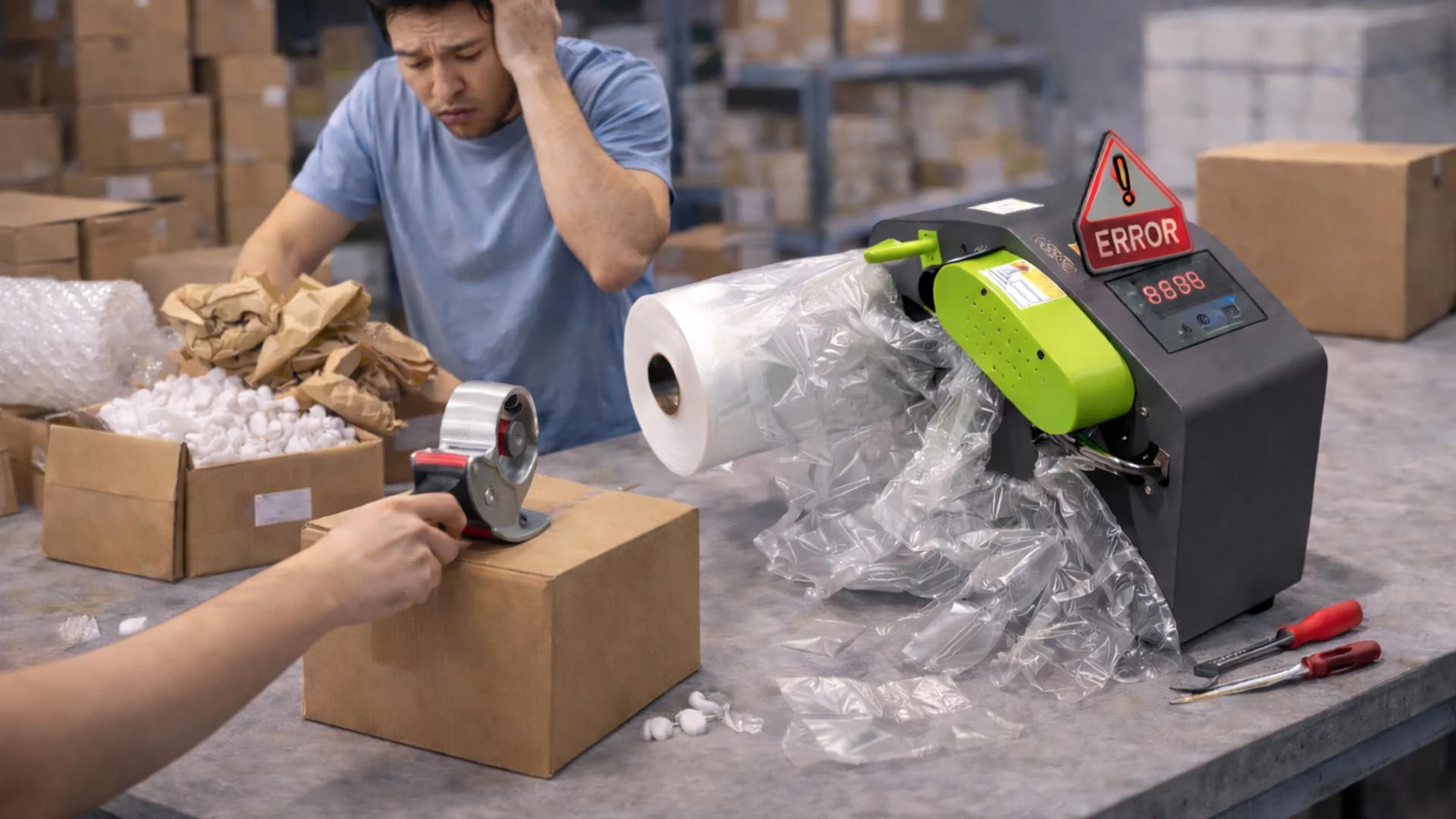 氣墊機故障停擺,包裝人員改用傳統包材手忙腳亂作業現場