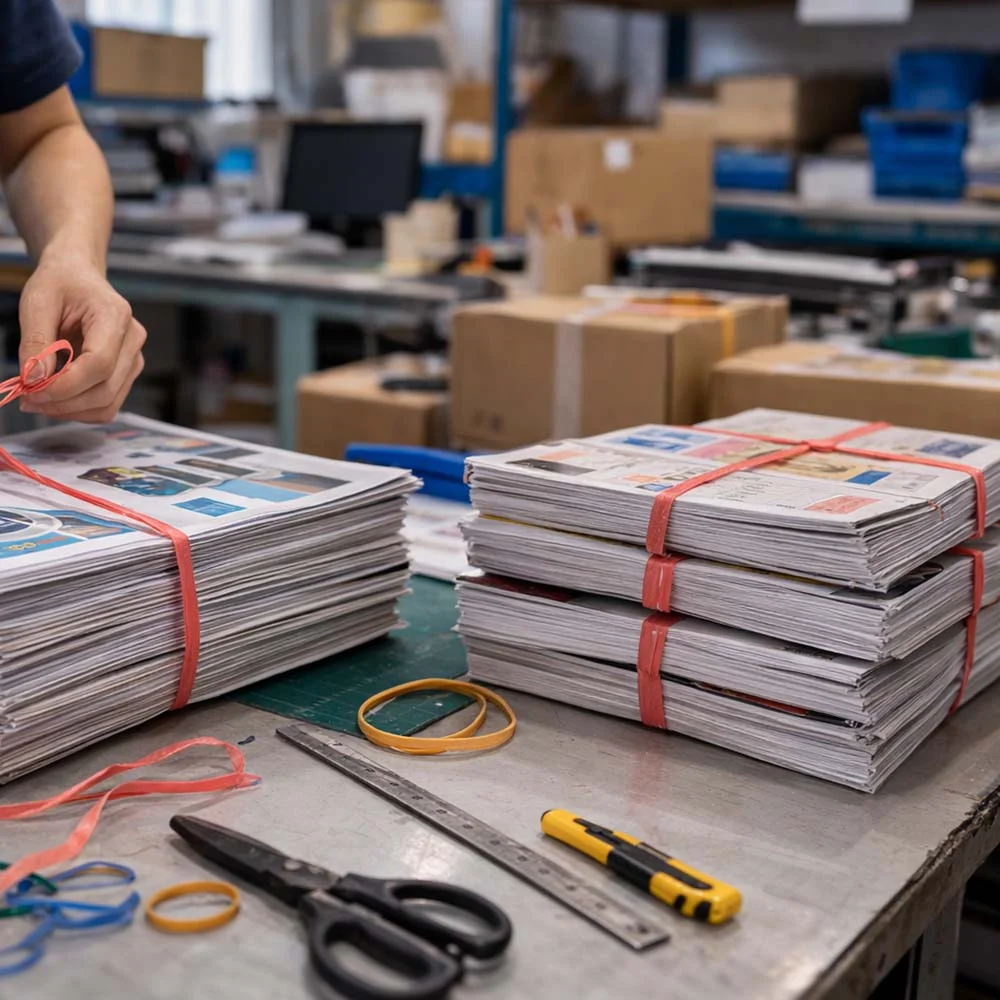 印刷廠現場以尼龍繩與橡皮筋手動綁束成堆印刷品