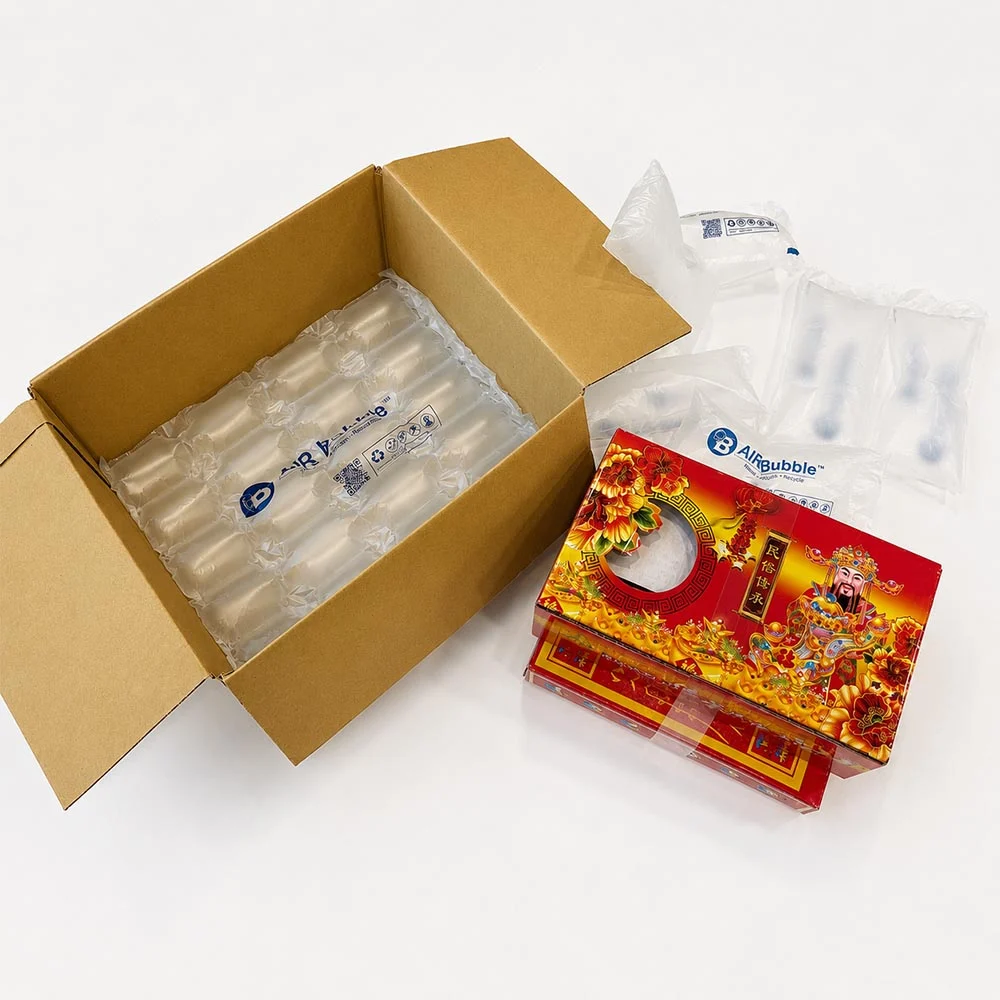 中元香品使用束帶機整裝後搭配氣泡布裝箱防護 1