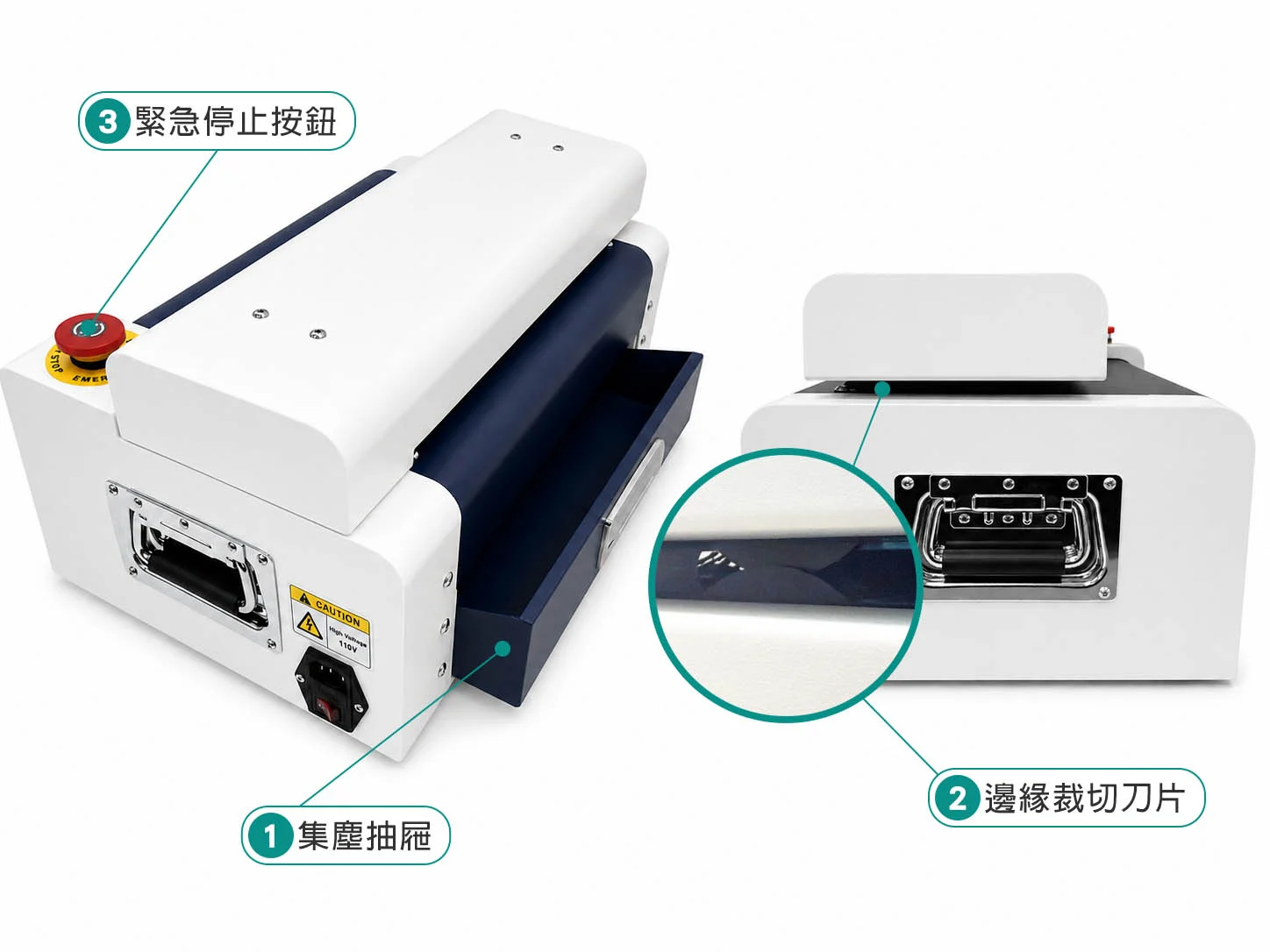 紙箱碎紙膨切機標準款的集塵抽屜、邊緣裁切刀片與緊急停止按鈕配置