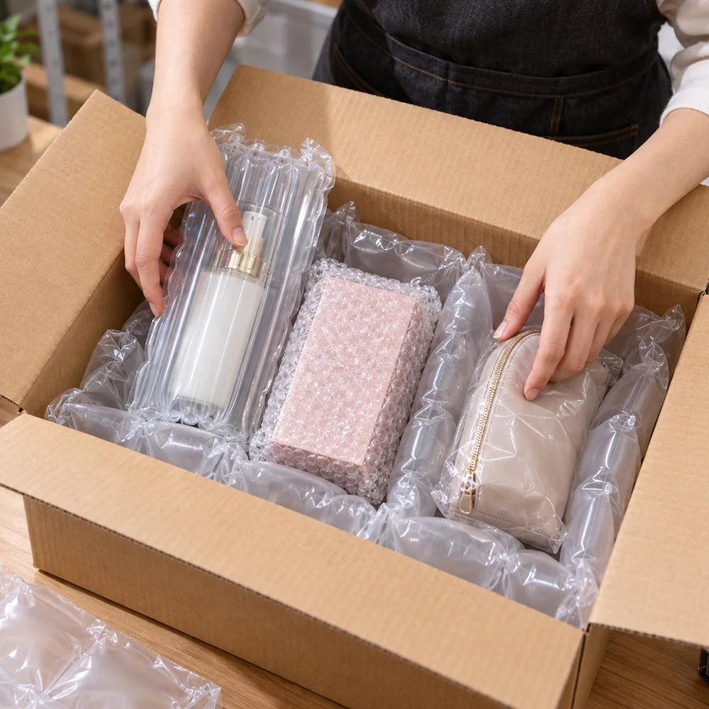 電商多種商品混裝包裝示意,使用氣柱袋、傳統氣泡布及緩衝氣墊保護不同商品,減少運送過程中的碰撞與移位風險。
