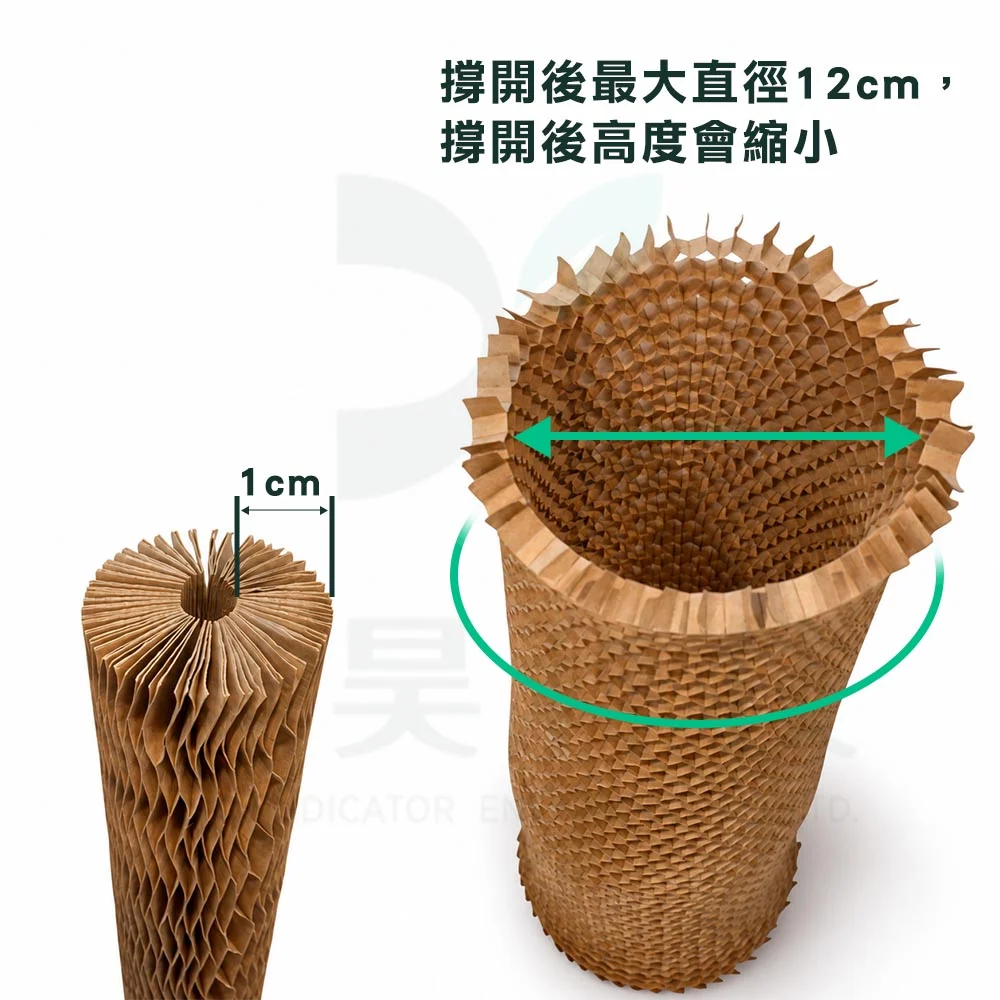 蜂巢紙保護套尺寸示意,未展開厚度約1cm、展開後最大直徑約12cm