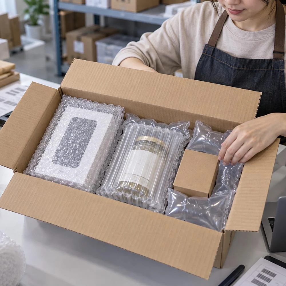 電商出貨包裝示意,多種商品使用氣泡布、氣柱袋及緩衝氣墊進行混裝防護,減少運送碰撞與商品損壞風險。