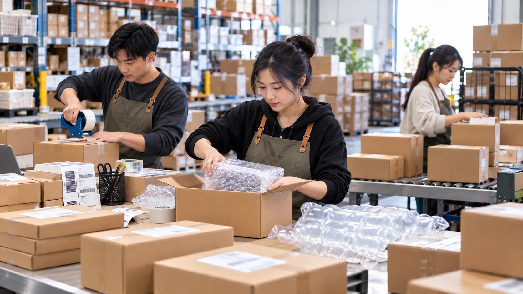 雙11出貨旺季,電商物流人員使用緩衝氣泡布與封箱膠帶進行商品包裝及大量出貨作業。